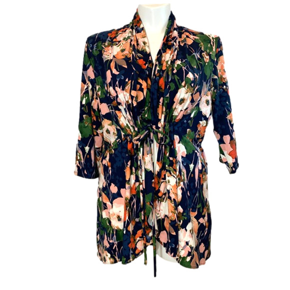 Kiyonna Tops - Kiyonna Women's Top Cardigan 1X Floral Lori Bellini Tie Front Orange Blue Pink
